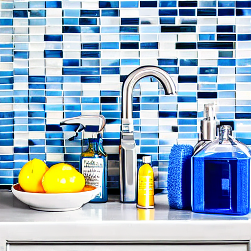 033_An eye level counter-view shows blue tile, a faucet, dish scrubbers, bowls, a squirt bottle and similar kitchen items..png
